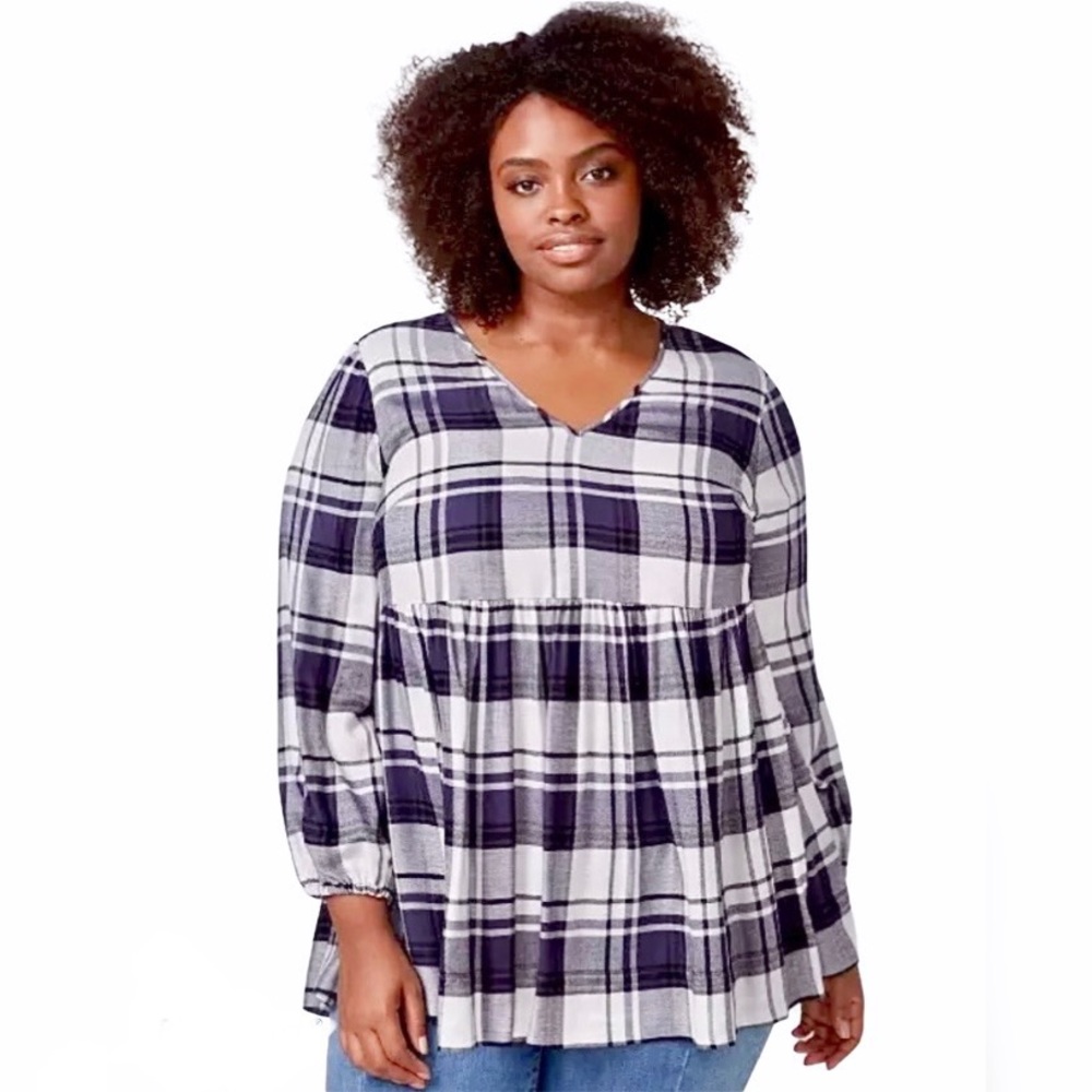 Lane Bryant Blue Plaid Babydoll Flannel Top NWT